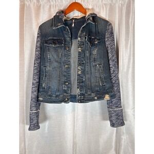 Free People Denim Trucker Jacket Knit Sleeve‎ Hooded Distressed Medium